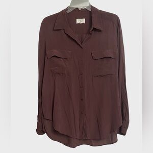 Lou & Grey Silk Button Up Shirt Women's Sz L Purple/Burgundy Flowy Sheer Preppy